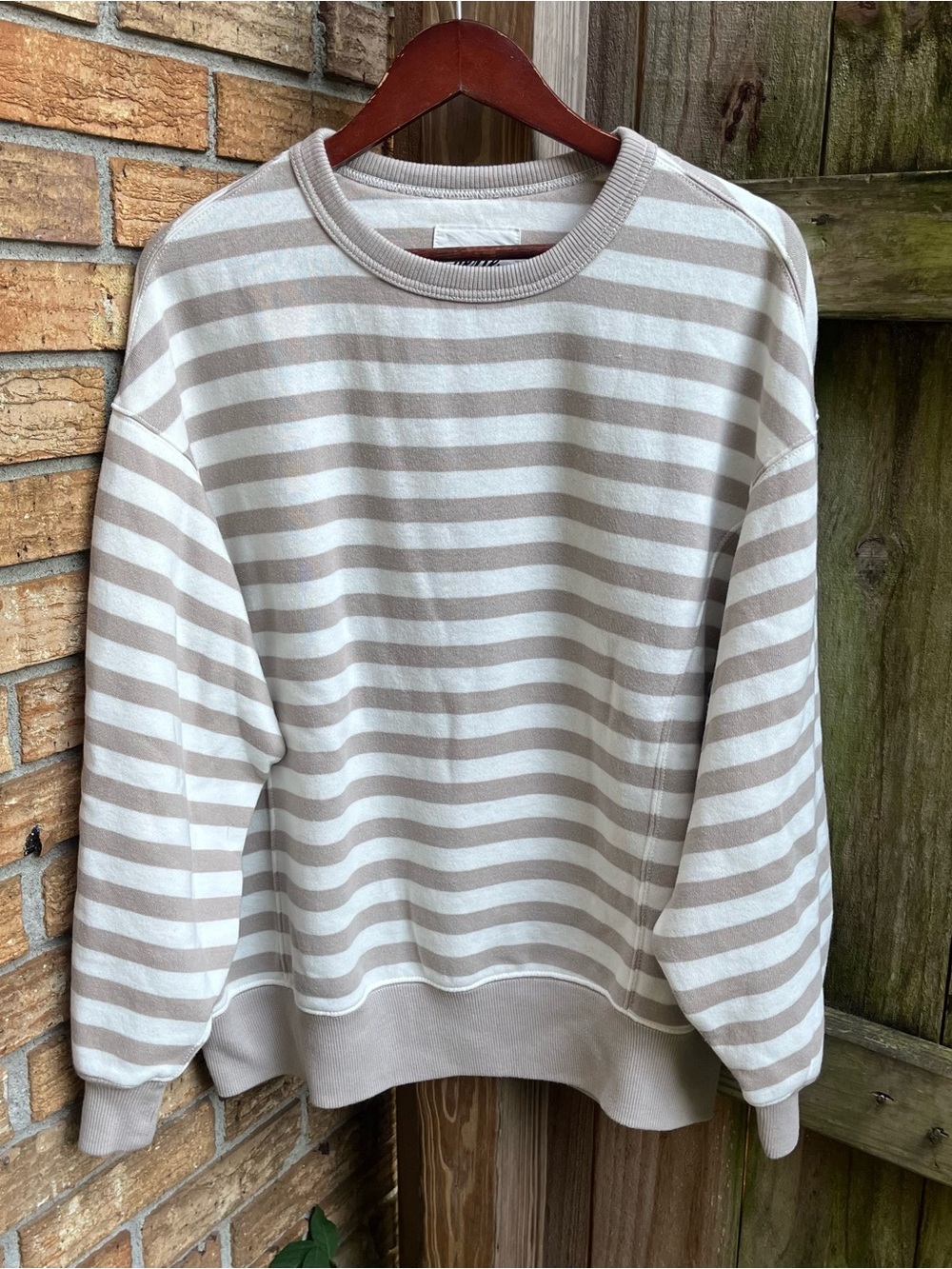 Aerie Oversized Striped Crewneck Sweater — Taupe & White